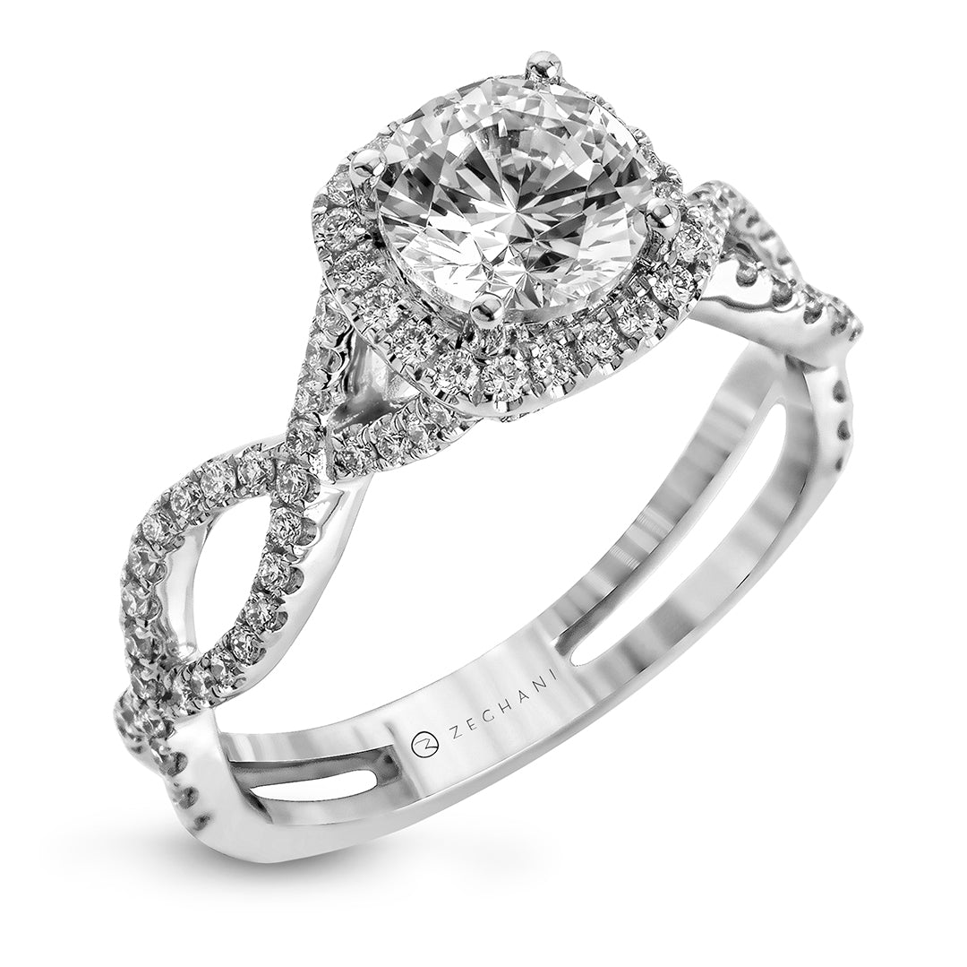 Halo Crown Engagement Ring Twisted Side Diamonds